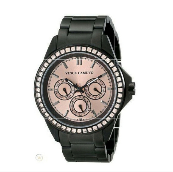 NWOT Vince Camuto Black Rose Gold Swarovski Crystal Chronograph